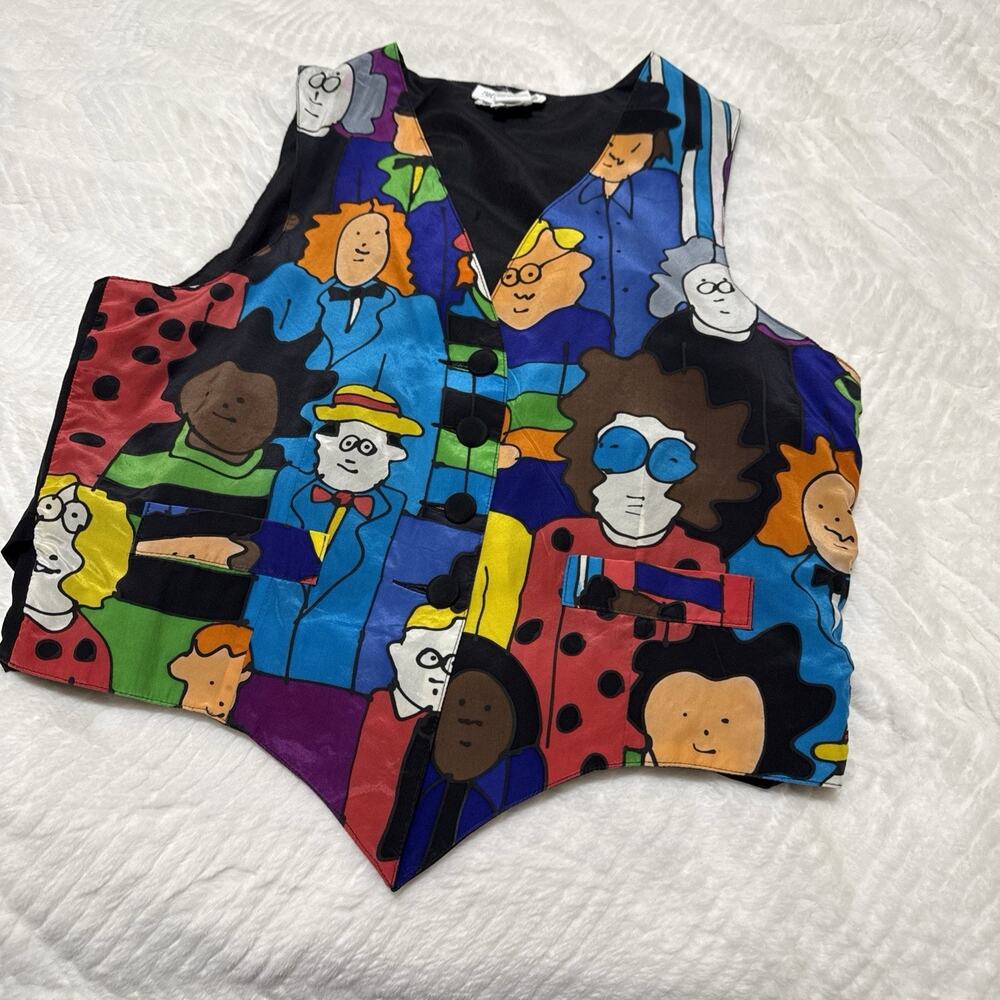 Vintage Silkscapes Handpainted 100%SilkVest Pop Art People Faces Novelty 80s 90s